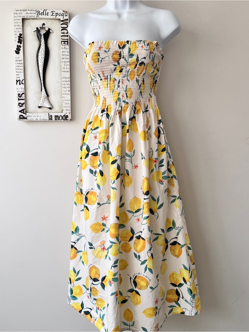 H&M Festive Strapless Lemon-Print Midi Smocked 100% Cotton Sundress Size M